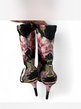 Ted Baker Black & Pink Floral Stretch-Knit Pointed Toe Stiletto Boots